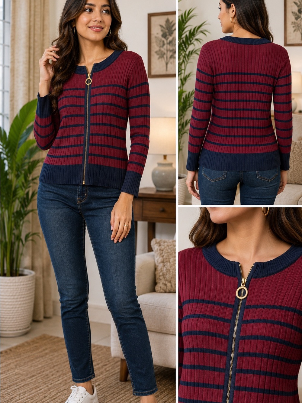 Women’s Burgundy and Navy Zip-Front Ribbed Sweater